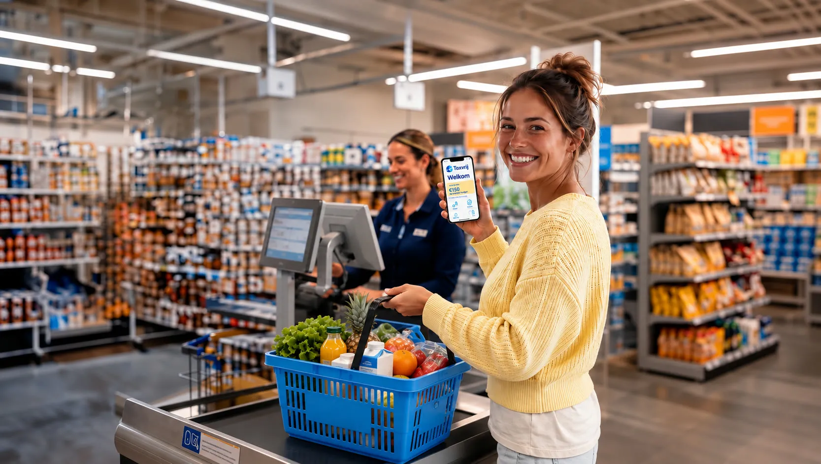 Medewerker toont de Taxvrij-app aan de kassa van de supermarkt